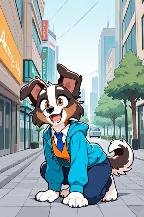 an border collie dog walking in the park at morning wearing a blue furjacket, an orange vest sweater under the jacket and a white shirt with a blue tie under the vest sweater, and blue pants, brown fur:1, city background, happy expression, white eyebrows.