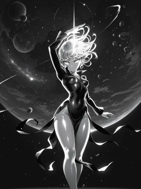 Tatsumaki,dynamic pose, masterpiece, top quality, calidad asombrosa, muy estético, absurd, high resolution, NEW, soft shading, shiny surfaces, iluminación sutil, glow, High contrast, glowing skin focus, anime style,outer space,meteorite,powerful,galaxies,t...