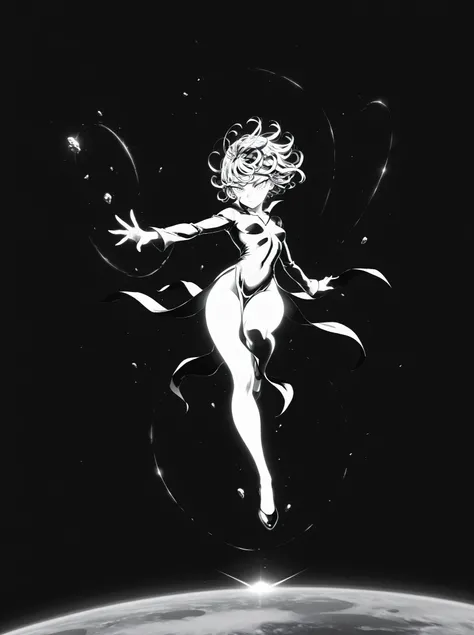 Tatsumaki,dynamic pose, masterpiece, top quality, calidad asombrosa, muy estético, absurd, high resolution, NEW, soft shading, shiny surfaces, iluminación sutil, glow, High contrast, glowing skin focus, anime style,outer space,meteorite,powerful,galaxies,t...