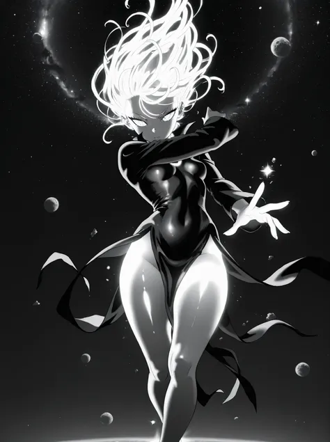 Tatsumaki,dynamic pose, masterpiece, top quality, calidad asombrosa, muy estético, absurd, high resolution, NEW, soft shading, shiny surfaces, iluminación sutil, glow, High contrast, glowing skin focus, anime style,outer space,meteorite,powerful,galaxies,t...