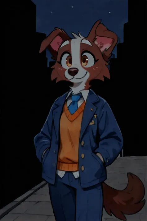 an border collie dog walking in the park at morning wearing a blue furjacket, an orange vest sweater under the jacket and a white shirt with a blue tie under the vest sweater, and blue pants, brown fur:1, city background, happy expression, white eyebrows.