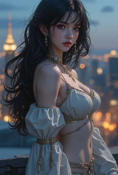 (8k, highest quality, masterpiece), (Realistic, photorealistic: 1.37), Highly detailed, {Woman standing on a rooftop at night}, Highly recognizable, Miniature, Detailed depiction of clip-on hair art, Dreamy, hyper-realistic mixed fantasy world, Combination...