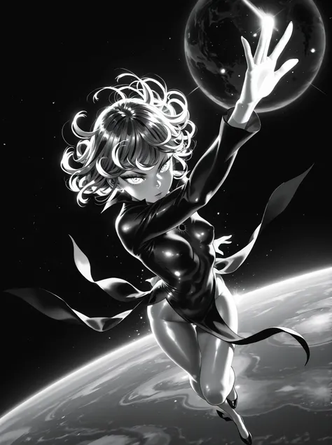Tatsumaki,dynamic pose, masterpiece, top quality, calidad asombrosa, muy estético, absurd, high resolution, NEW, soft shading, shiny surfaces, iluminación sutil, glow, High contrast, glowing skin focus, anime style,outer space,meteorite,powerful,galaxies,t...