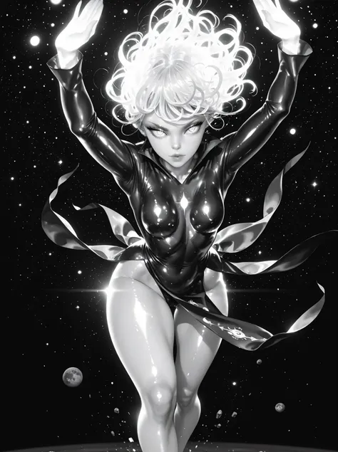 Tatsumaki,dynamic pose, masterpiece, top quality, calidad asombrosa, muy estético, absurd, high resolution, NEW, soft shading, shiny surfaces, iluminación sutil, glow, High contrast, glowing skin focus, anime style,outer space,meteorite,powerful,galaxies,t...