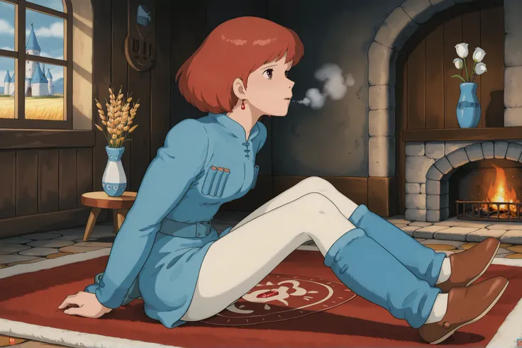 1 girl only, white tights,,Nausicaa,1girl,brown hair,medium hair,brown eyes, breasts,, (Masterpiece, top quality, 8k, High quality anime, detailed and accurate anime poster, Studio Ghibli style, High sense Art ), adorable face, very kind face, Sitting with...