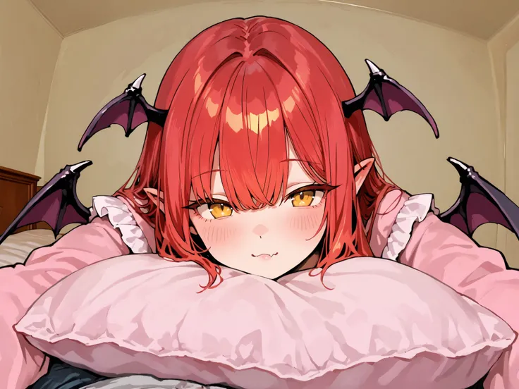 Red Haired Succubus　cute　Background house 　Room　small wings 