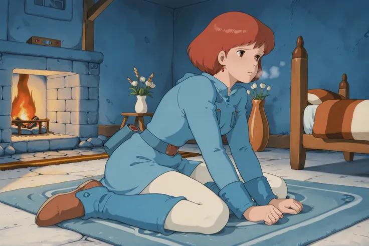 1 girl only, white tights,,Nausicaa,1girl,brown hair,medium hair,brown eyes, breasts,, (Masterpiece, top quality, 8k, High quality anime, detailed and accurate anime poster, Studio Ghibli style, High sense Art ), adorable face, very kind face, Sitting with...