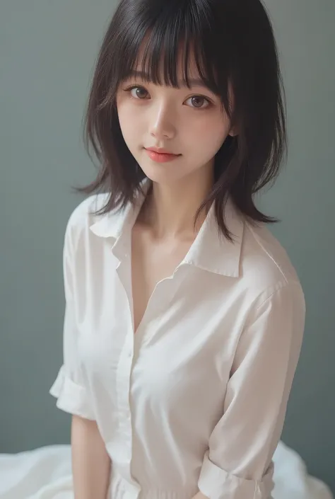 Realistic artstyle  of a girl with curtain bangs,shoulder length wolfcut black hair,wearing a white shirt and skirt 