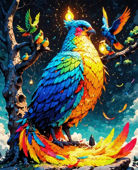 masterpiece,Highest Quality,High Quality,very aesthetic,Beautiful bird,Bird of God,Giant Single Bird,,Colorful Feathers,Little tree 々,large tail decorative feathers,Glowing Bird,