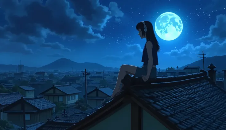 An illustration of a young woman sitting on the peak of a traditional Japanese tiled roof, at the triangular ridge, in a quiet 1980s Showa-era residential neighborhood at night. She is wearing headphones, eyes gently closed, listening to music. The starry ...