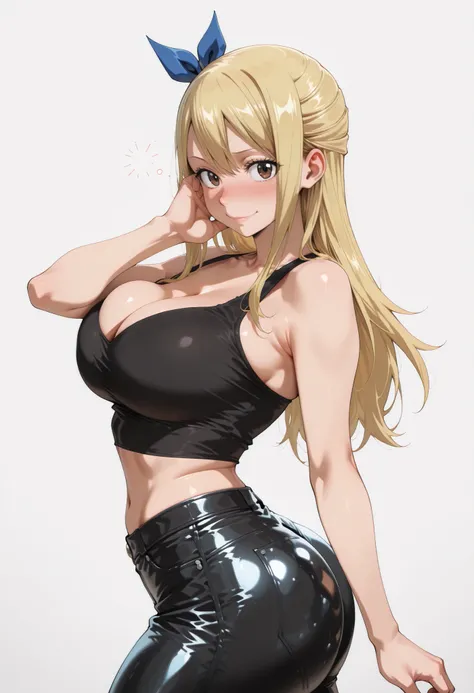 score_9, score_8_up, score_7_up, source_anime,  lucy heartfilia, long hair, blonde hair, large breasts, brown eyes,,, blue hair ribbon,, blush, drunk,, , looking at viewer,, , solo,, large breasts, big ass, thick thigs, wide hips, slim waist, mature body, ...