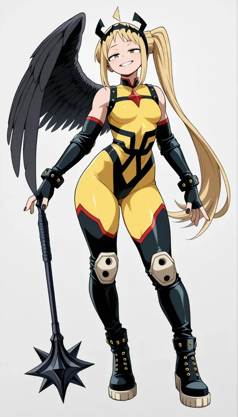 ((Highest Quality)), ((Simple Light Grey background)), (My Hero Academia Style), 1female, female, flat Breast, thighs, hips, thick shins, solo, Athletic body, tall, standing, (Full Body), blonde, blonde hair, Orange eyes, smirk, mischievous smirk mischievo...
