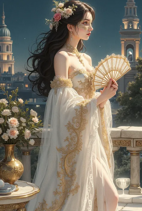 (8K, highest quality, masterpiece), (photorealistic, photoreal: 1.37), extremely detailed depiction

{A woman standing on the roof of a building at night}

Highly distinctive miniature art, delicate and beautiful illustration, a dreamy and hyper-realistic ...