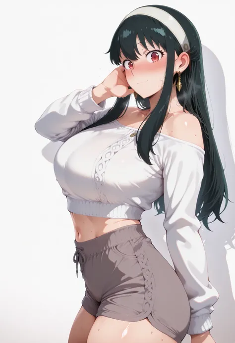score_9, score_8_up, score_7_up, score_6_up, score_5_up, score_4_up, masterpiece, high quality, yor briar, black hair, red eyes, earrings, white hairband, hairband, long hair, sidelocks, large breasts, shiny skin, shiny hair, shiny body, clear body, large ...