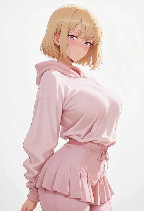 masterpiece, best quality, amazing quality, 1girl, solo, looking at viewer, blushing,, mature girl,side view, light smile, seductive, short hair, blonde hair, purple eyes, , ,bubble breasts, seductive twist, exaggerated voluptuous figure with impossibly la...