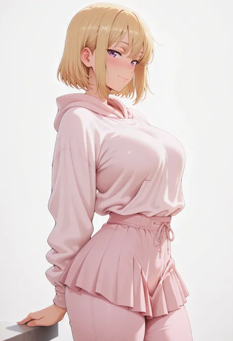 masterpiece, best quality, amazing quality, 1girl, solo, looking at viewer, blushing,, mature girl,side view, light smile, seductive, short hair, blonde hair, purple eyes, , ,bubble breasts, seductive twist, exaggerated voluptuous figure with impossibly la...