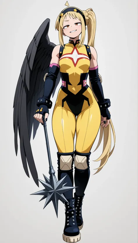 ((Highest Quality)), ((Simple Light Grey background)), (My Hero Academia Style), 1female, female, flat Breast, thighs, hips, thick shins, solo, Athletic body, tall, standing, (Full Body), blonde, blonde hair, Orange eyes, smirk, mischievous smirk mischievo...