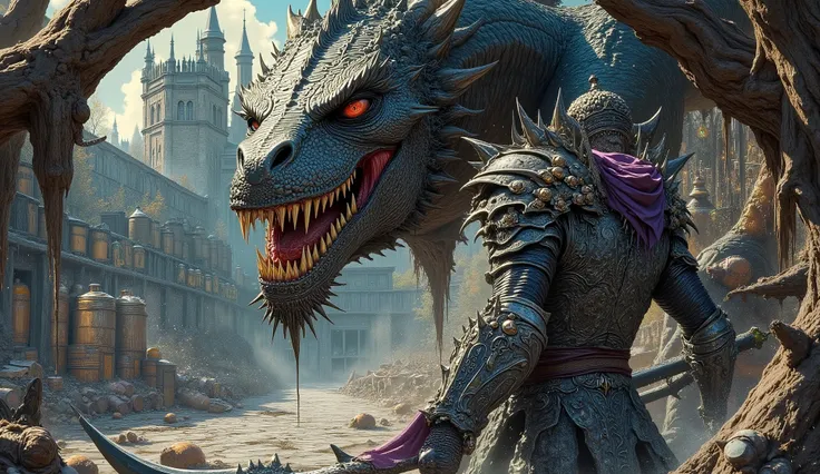 High-resolution image of a shady anti-paladin wearing a full armor of black metal plates with sharp spines and demonic adornments facing a colossal black dragon inside an ancient medieval brewery. The warrior's armor is adorned with profane symbols, metall...