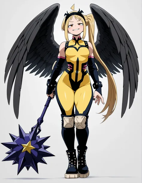((Highest Quality)), ((Simple Light Grey background)), (My Hero Academia Style), 1female, female, flat Breast, thighs, hips, thick shins, solo, Athletic body, tall, standing, (Full Body), blonde, blonde hair, Orange eyes, smirk, mischievous smirk mischievo...