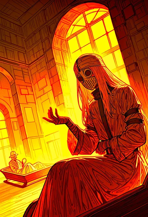 High quality, very detailed illustration,(guy:1,7), flat chest, 1-character, (17th century porcelain white mask:1,9 ), free hands ,face is not visible, old cap, old bandages, psychiatric clothes, straitjacket, rags ,tattered clothing, порванные rags , (dir...