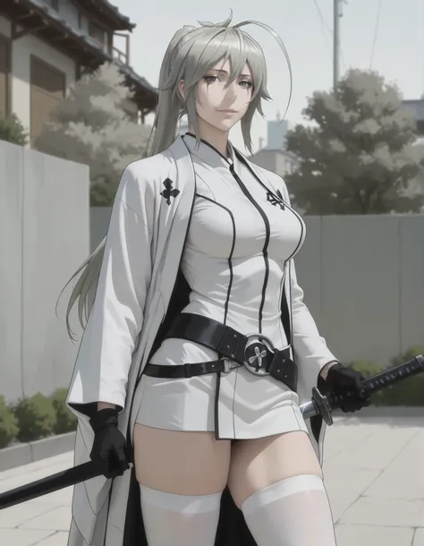 masterpiece, best quality, amazing quality, absurdres, newest, 1girl, solo, mm, mature female, long hair, ponytail, ahoge, grey hair, grey eyes, breasts, japanese clothes, gloves, white thighhighs, belt, kimono, white haori, holding katana,  light smile, o...