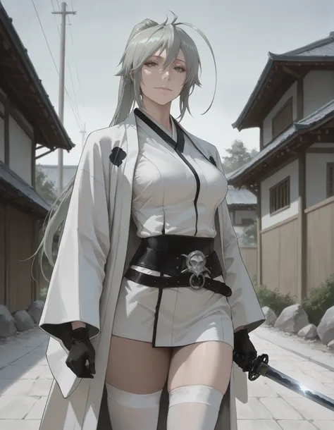semi-realism, masterpiece, best quality, amazing quality, absurdres, newest, 1girl, solo, mm, mature female, long hair, ponytail, ahoge, grey hair, grey eyes, breasts, japanese clothes, gloves, white thighhighs, belt, kimono, white haori, holding katana,  ...