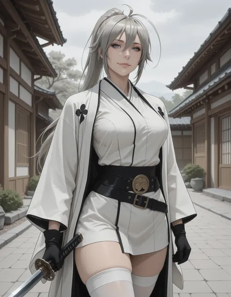 semi-realism, masterpiece, best quality, amazing quality, absurdres, newest, 1girl, solo, mm, mature female, long hair, ponytail, ahoge, grey hair, grey eyes, breasts, japanese clothes, gloves, white thighhighs, belt, kimono, white haori, holding katana,  ...