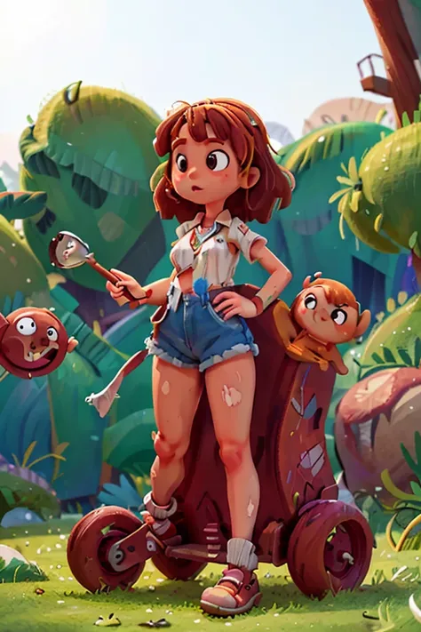 a forgotten toy amusement park, abandoned theme park, rusted and overgrown rides, crumbling wooden roller coaster, peeling paint, dusty carousel, cobweb-covered teacups, toy-like character figures, discarded plush toys, eerie atmosphere, natural decay, amb...