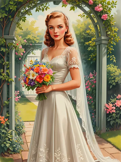 Illustration. Poster art. Pencil drawing.
A pretty 1940s girl in a wedding dress, holding a delicate and colorful posy of flowers. Wearing a veil. Standing beneath an arbor.
<lora:PinupGirl01e_CE_XL_300-OT:0.4> pnpgrlCE_style