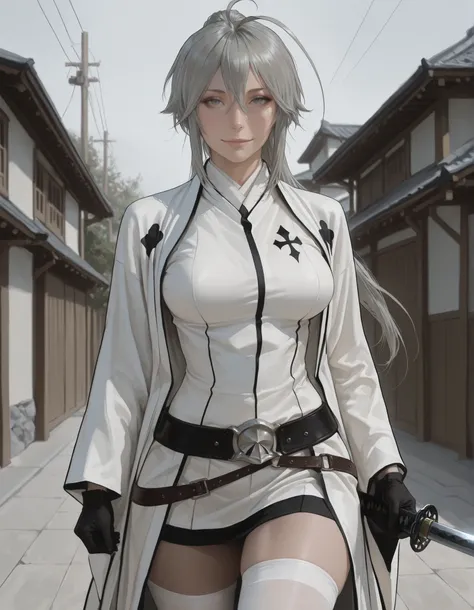 pseudo-realistic, semi-realism, realism, realistic, masterpiece, best quality, amazing quality, absurdres, newest, 1girl, solo, mm, mature female, long hair, ponytail, ahoge, grey hair, grey eyes, breasts, japanese clothes, gloves, white thighhighs, belt, ...