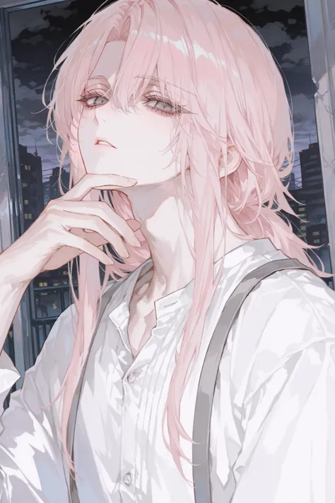 score_9, Solo, Watercolor, (master piece), handsome, best quality, perfect face, full-body portraits, delicate hand, overwhelming, 1 male, light pink long hair, parted bangs, half back bangs, long eyelashes, gray eyes, white shirts, suspenders, a ruined ci...