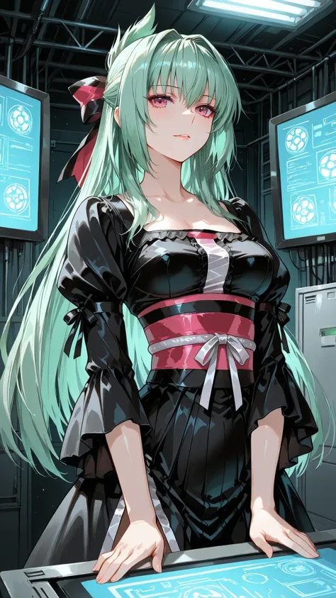 solo, kanzaki_saya,  long hair, green hair, mature woman, Tight waist、Small waist、shiny Skin ,  (upper body), sexy, score_9, score_8_up, score_7_up, source_anime,(extremely detailed CG), (best quality) , sexy,   a gothic lolita doll with pale porcelain ski...