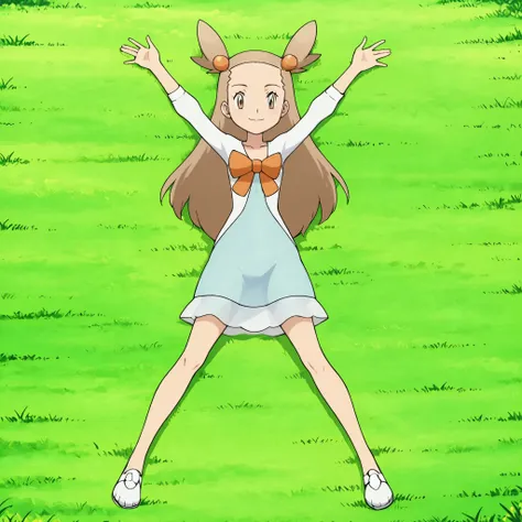 zzJasmine, brown eyes, hair bobbles, hair ornament, light brown hair, two side up, long hair, forehead, white cardigan, green dress, orange bow, sleeves past elbows, anime screencap, high quality, solo, lying, on back, arms up, spread legs, closed mouth, ...