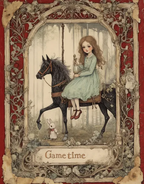 An old, battered vintage postcard with an image in the style of "Alice's Adventures in Wonderland". At the bottom, in the center, there is an inscription "Game time", made in a classic vintage style. A vintage doll sits on an ornate horse-drawn carousel....