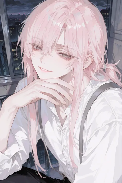 score_9, Solo, Watercolor, (master piece), handsome, best quality, perfect face, full-body portraits, delicate hand, overwhelming, 1 male, light pink long hair, parted bangs, half back bangs, long eyelashes, gray eyes, white shirts, suspenders, a ruined ci...