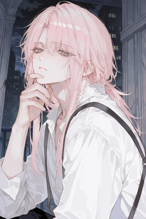 score_9, Solo, Watercolor, (master piece), handsome, best quality, perfect face, full-body portraits, delicate hand, overwhelming, 1 male, light pink long hair, parted bangs, half back bangs, long eyelashes, gray eyes, white shirts, suspenders, a ruined ci...