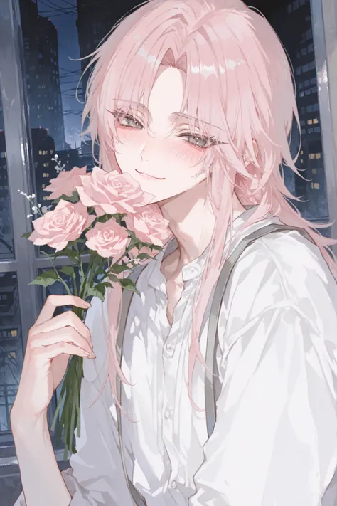 score_9, Solo, Watercolor, (master piece), handsome, best quality, perfect face, full-body portraits, delicate hand, overwhelming, 1 male, light pink long hair, parted bangs, half back bangs, long eyelashes, gray eyes, white shirts, suspenders, a ruined ci...