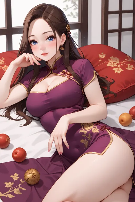 ((Solo girl))((Alone))((One Girl)), ((short dress))((mini qipao))((mandarin collar))((chinese dress))((purple chinese dress))((side slits))((sexy dress))((chinese dress))((solid purple dress))((qipao dress))((traditional chinese dress)) medium breast , big...