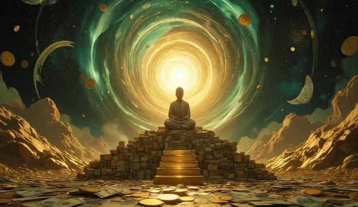 Create a high-resolution digital artwork (16:9) of a meditative figure seated on a vast throne made of stacked banknotes, gleaming gold bars, and glowing coins, floating in the middle of a cosmic void. Around them, spirals of cash and shimmering currency s...