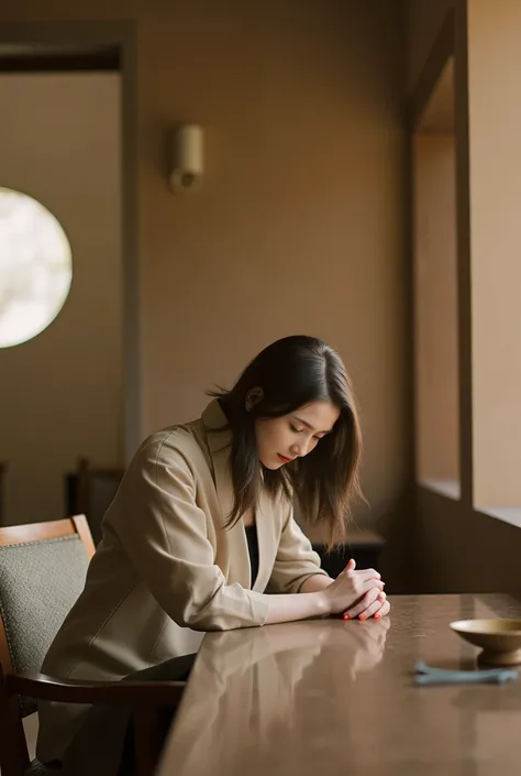 a woman takes a posture at a table in a room.