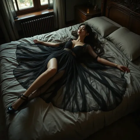 Veil,hkmagic, High Angle, Exquisite, in a minimally decorated new bedroom, Naomi Peak singing, Floating outwards , Full Body, slender legs, black sheer tights, heels, black transparent yukata, A beautiful young Asian witch wearing a black sheer yukata wear...