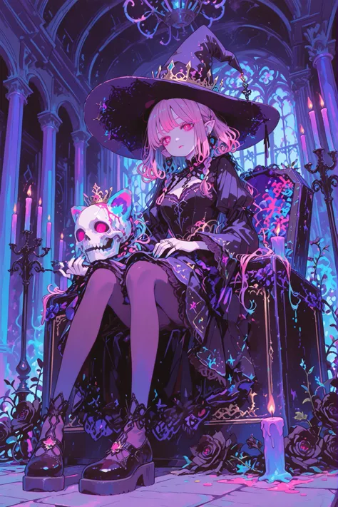 (idol,pinkidolcat ,ima_AI123,748cmstyle,) The vampire witch lady. She has pale skin covered with glitter and pointy ears. She has crimson eyes, pink fuchsia lips and turquoise eyelashes. She has long turquoise curly hair decorated with a pair of braids,(...