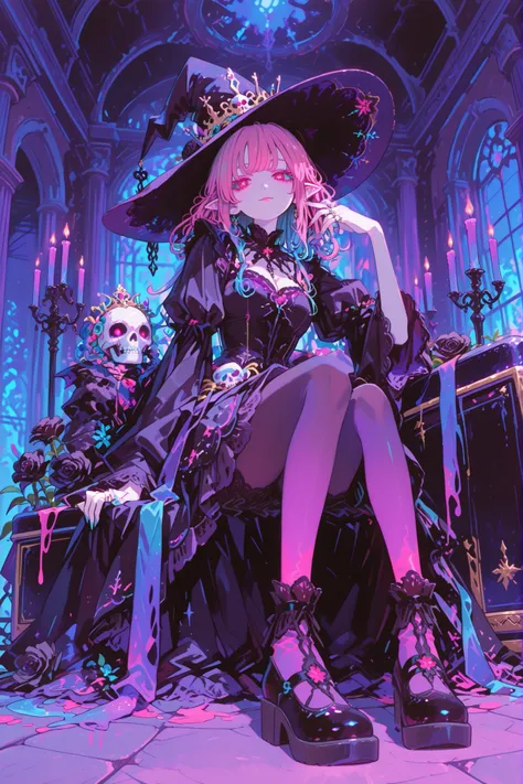 (idol,pinkidolcat ,ima_AI123,748cmstyle,) The vampire witch lady. She has pale skin covered with glitter and pointy ears. She has crimson eyes, pink fuchsia lips and turquoise eyelashes. She has long turquoise curly hair decorated with a pair of braids,(...
