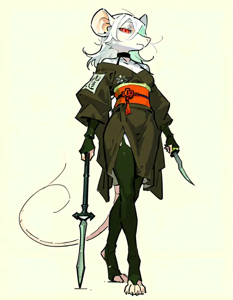 (((masterpiece))), (((Best Quality))), ((Ultra-detailed)), (High Definition anime Illustration), ((extremely delicate and beautiful)),solo, Full body, fantasy albino wererat girl, Fluffy Fur, furry, long white hair, red eyes, rat head, rat ear, rat tail,(L...