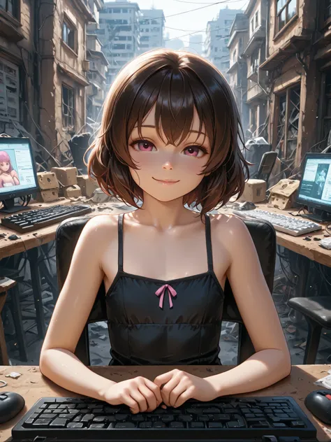 Highest Quality,masterpiece,Little girl,keyboard operation,chair in the building on the edge,Hacker Lori,with an innocent smile,the strongest network defense,Destroying,soft touch,Delicate Body Curves,Realistic Human Body,black sleeveless,