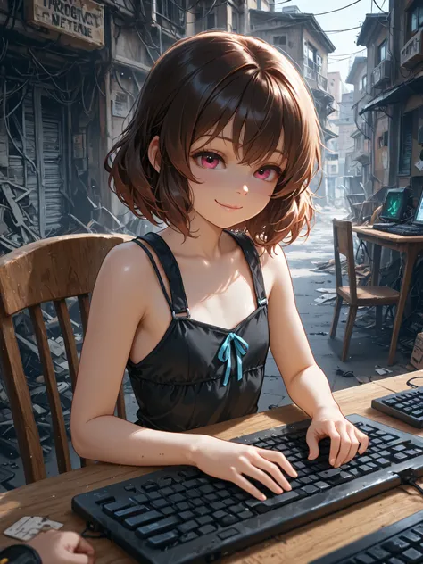 Highest Quality,masterpiece,Little girl,keyboard operation,chair in the building on the edge,Hacker Lori,with an innocent smile,the strongest network defense,Destroying,soft touch,Delicate Body Curves,Realistic Human Body,black sleeveless,