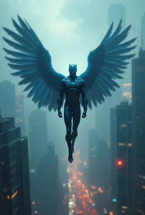 Superhero. Flying over smoky city. Angel wings. Blue and black. Hero pose.