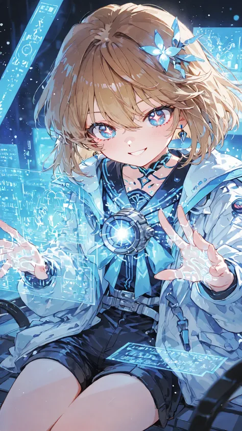 Haibara Ai from Detective Conan portrayed as a female hacker with an innocent, captivating smile that conceals her unparalleled skill in breaching even the most advanced network defenses. She sits before a super-futuristic quantum AI mainframe, her flawles...