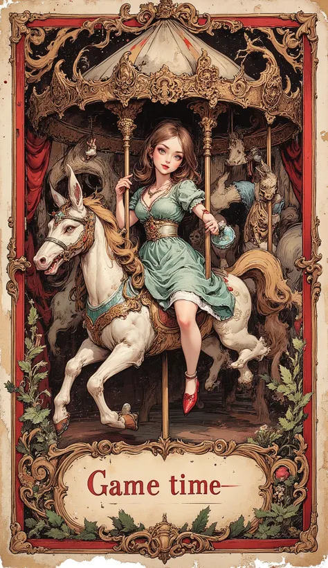 An old, battered vintage postcard with an image in the style of "Alice's Adventures in Wonderland". At the bottom, in the center, there is an inscription "Game time", made in a classic vintage style. A vintage doll sits on an ornate horse-drawn carousel. S...