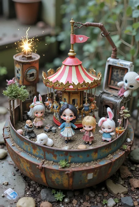 chibi anime style, super-deformed, kawaii core, cute horror, miniature abandoned amusement park, inside a rusty can, tiny chibi dolls dancing, crooked smiles, broken carousel, sad chibi plush bunny, sparking robot arm, glitching hologram, soft glowing ligh...